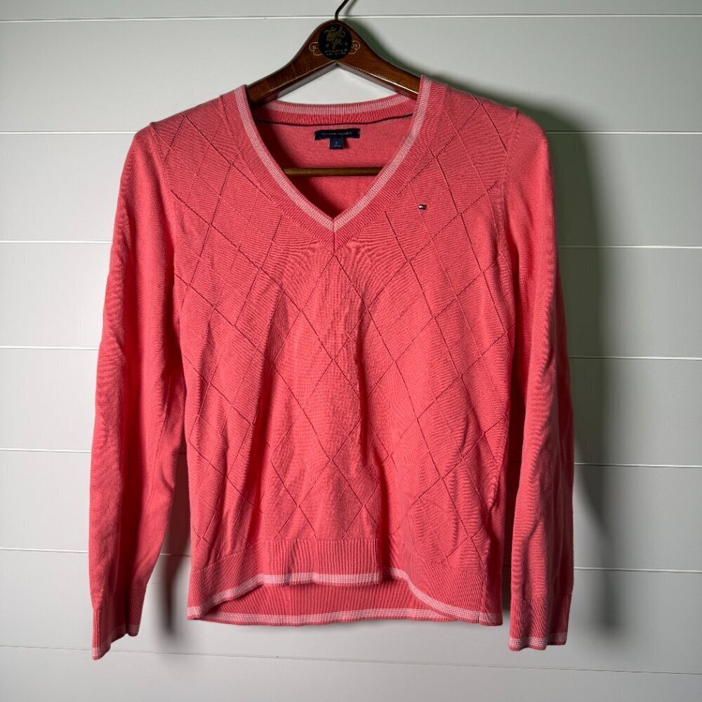 Tommy Hilfiger Pullover V Neck Sweater Womens Size M V-Neck Coral Pink Argyle